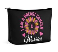 Sono una guerriera del cancro al seno, borsa per il trucco con nastro rosa e girasole, in PU, borsa da viaggio impermeabile con cerniera, per articoli da toeletta da donna, 6,8x5,9 pollici