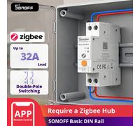 Interruttore intelligente Zigbee SONOFF BASIC-ZB1GSP per montaggio su guida DIN con interruttore bipolare ad alte prestazioni da 32 A, monitoraggio energetico e protezione da sovraccarico.