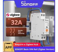 Interruttore intelligente Zigbee SONOFF BASIC-ZB1GSP per montaggio su guida DIN con interruttore bipolare ad alte prestazioni da 32 A, monitoraggio energetico e protezione da sovraccarico.