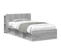 Sonoma Grey Bed Frame with Storage 75x190cm, Engineered Wood Divan Base with Underbed Drawers, Modern Single Bed with Headboard and Slatted Support, Space Saving Solution for Bedroom Organisation