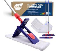 SONTY Mop professionale 40 cm set 2 pezzi - Lavapavimenti con supporto magnetico, panni microfibra 40 cm & manici telescopici in alluminio | Per pulizie professionali & pavimenti duri