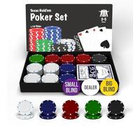 Soom Games - Set Poker per 2-4 Giocatori, Include 110 Chips, Pulsanti Big Blind e Small Blind, Pulsante Dealer, Carte da Gioco per Texas Holdem, Kit Poker Completo