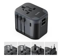 SooPii Adattatore da viaggio universale,convertitore di potenza con 1 porta USB-C e 2 porte USB-A, adattatore da viaggio 4 in 1 e caricabatteria da muro per UE, USA, Regno Unito, AU, Asia ecc. (nero)