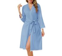 Sopesil Accappatoio Donna Leggero con Maniche 3/4 e Tasche Kimono con Scollo a V Lunghezza Sotto il Ginocchio Ideale per Spa Sauna e Casa Azzurro XXL
