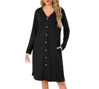 Sopesil Camicia da Notte Donna Maniche Lunghe Camicia da Notte Aperta Davanti con Bottoni e Collo a V Pigiama Vestito Donna Morbido per Dormire Casa Relax Nero,S