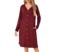 Sopesil Camicia da Notte Donna Maniche Lunghe Camicia da Notte Aperta Davanti con Bottoni e Collo a V Pigiama Vestito Donna Morbido per Dormire Casa Relax Bordeaux,XXL