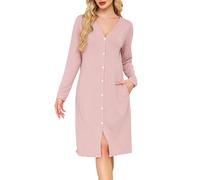 Sopesil Camicia da Notte Donna Maniche Lunghe Camicia da Notte Aperta Davanti con Bottoni e Collo a V Pigiama Vestito Donna Morbido per Dormire Casa Relax Rosa Carne,L