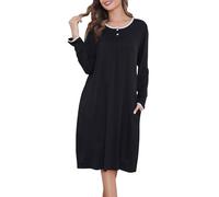 Sopesil Camicia da Notte Donna Maniche Lunghe S-XXL | Vestito da Casa con Tasche e Scollo Tondo, Morbido e Traspirante per Sonno e Relax