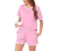 Sopesil Pigiama Donna Estivi Corto Pigiami Due Pezzi da Donna Cotone con Manica Corta Set Pigiama con Tasca con Coulisse,S,Rosa