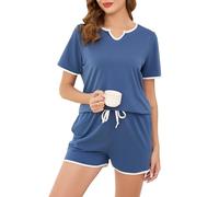 Sopesil Pigiama Donna Estivi Corto Pigiami Due Pezzi da Donna Cotone con Manica Corta Set Pigiama con Tasca con Coulisse,XL,Blu Cobalto