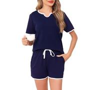 Sopesil Pigiama Donna Estivi Corto Pigiami Due Pezzi da Donna Cotone con Manica Corta Set Pigiama con Tasca con Coulisse,XL,Blu Navy