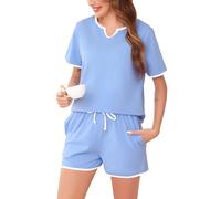 Sopesil Pigiama Donna Estivi Corto Pigiami Due Pezzi da Donna Cotone con Manica Corta Set Pigiama con Tasca con Coulisse,M,Blu