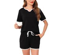 Sopesil Pigiama Donna Estivi Corto Pigiami Due Pezzi da Donna Cotone con Manica Corta Set Pigiama con Tasca con Coulisse,M,Nero