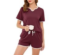 Sopesil Pigiama Donna Estivi Corto Pigiami Due Pezzi da Donna Cotone con Manica Corta Set Pigiama con Tasca con Coulisse,XL,Vino Rosso