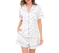 Sopesil Pigiama Donna Estivo Aperto Davanti Set 2 Pezzi in Raso con Scollo a V Completo Elegante e Comodo a Maniche Corte con Tasche e Stampa Delicat Ciliegia,XL