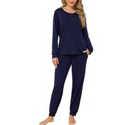 Sopesil Pigiama Donna Invernale Cotone Lungo Pigiami Due Pezzi da Donna Manica Lunga con Bottoni Set Pigiama Caldo con Tasche per la Notte Autunno Inverno Blu Scuro,L