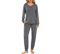 Sopesil Pigiama Donna Invernale Cotone Lungo Pigiami Due Pezzi da Donna Manica Lunga con Bottoni Set Pigiama Caldo con Tasche per la Notte Autunno Inverno Grigio Scuro,M