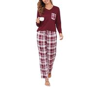 Sopesil Pigiama Donna Invernale Scollo V Pigiami Due Pezzi a Maniche Lunga e Pantaloni Lunghi con Tasche Coulisse 2 Pezzi Donna Pigiama,L,Vino Rosso