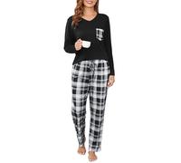 Sopesil Pigiama Donna Scollo a V Manica Lunga Set Pigiama 2 Pezzi Donna Pigiami con Tasche Coulisse per l'Autunno Inverno,XXL,Nero