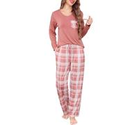 Sopesil Pigiama Donna Scollo a V Manica Lunga Set Pigiama 2 Pezzi Donna Pigiami con Tasche Coulisse per l'Autunno Inverno,L,Rosa Polvere