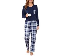 Sopesil Pigiama Donna Scollo a V Manica Lunga Set Pigiama 2 Pezzi Donna Pigiami con Tasche Coulisse per l'Autunno Inverno,S,Blu Navy