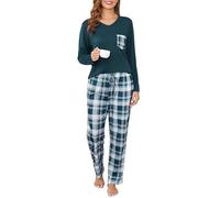 Sopesil Pigiama Donna Scollo a V Manica Lunga Set Pigiama 2 Pezzi Donna Pigiami con Tasche Coulisse per l'Autunno Inverno,M,Verde Scuro