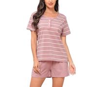 Sopesil Pigiama Estivo da Donna con Bottoni a Strisce con Collo a U e Manica Corta Due Pezzi per la Casa Pigiama da Donna Comodo e Traspirante Pigiama da Donna,XL,Rosa