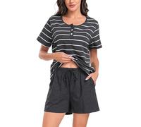 Sopesil Pigiama Estivo da Donna con Bottoni a Strisce con Collo a U e Manica Corta Due Pezzi per la Casa Pigiama da Donna Comodo e Traspirante Pigiama da Donna,M,Grigio Scuro