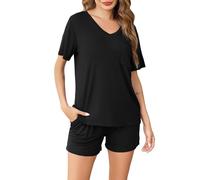 Sopesil Pigiami Donna Estivi Corto Pigiami Due Pezzi da Donna con Scollo a V e Manica Corta Set Pigiama con Tasca con Coulisse