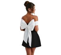 Sophia, elegante abito nero con fiocco bianco | Abito aderente da donna con spalle scoperte e grande fiocco sul retro | Abito corto da festa, Nero , M