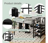 Soppalco Multifunzionale 140x200cm Nero con Armadio Zone di Stoccaggio Scrivania e Mensole Pensato per Ottimizzare Gli Spazi