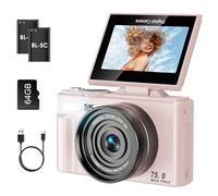 SOPPY Fotocamera digitale 5K con trasferimento WiFi, Vlogging da 75 MP, zoom 18X e schermo flip da 3", fotocamera YouTube con messa a fuoco automatica, scheda SD da 64 GB inclusa, compatta per bambini