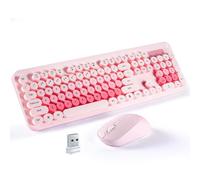 SOPPY Tastiera wireless e mouse combinata, tastiera retrò da 2,4 GHz, tasti rotondi, ergonomica, ricevitore USB Plug and Play, compatibile con PC/desktop/laptop/Windows, layout USA, rosa