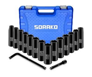 SORAKO 1/2" Set Bussole a Impatto, 16 PCS Set di Chiavi a Bussola 10-24 mm, Metriche, 6 Punti, 2 pezzi Componenti di Espansione, con Scatola D'immagazzinaggio