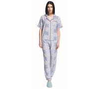 Sorbetto Pigiama lungo da donna, dal design moderno, Manica corta con abbottonatura blu/bianco con viola, XL