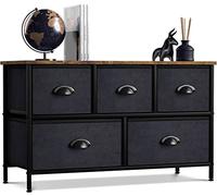 Sorbus Comò con 5 cassetti, cassettiera per camera da letto, corridoio, armadio, organizzazione ufficio, struttura in acciaio, piano in legno rustico, contenitori in tessuto facili da tirare