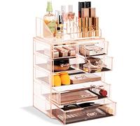 Sorbus, organizer per cosmetici trasparente, per trucchi, gioielli, custodia e display, design spazioso, ottimo supporto per comò, bagno, vanità e piano di lavoro (4 grandi, 2 cassetti piccoli) [rosa]