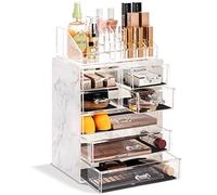 Sorbus Organizzatore trasparente per cosmetici, trucchi e gioielli, design spazioso, per comò, bagno, toeletta e piano di lavoro, 3 cassetti grandi e 4 piccoli, stampa marmo