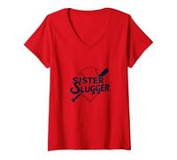 Sorella del Baseball: Sorella di Uno Slugger Vintage Sports Pride Maglietta con Collo a V, Donna, Rosso, L