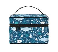 Sorridente squalo animali marini pesci oceanici stelle marine blu, Borsa per il trucco Borsa per cosmetici Borsa da toilette da viaggio portatile Astuccio per matite Astuccio da toilette