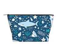 Sorridente squalo animali marini pesci stelle marine blu, Borsa da toilette Borsa per trucco Borsa per cosmetici Borsa da toilette da viaggio portatile