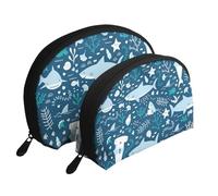 Sorridente squalo animali marini pesci stelle marine blu, Borsa per trucco a conchiglia Portamonete da donna Borsa da toilette piccola Borsa per cosmetici 2 pezzi