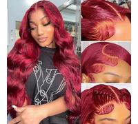 SOSATISFY Body Wave 99J - Parrucca con pizzo frontale, 200% densità, 13 x 4, senza colla, HD, trasparente, colore rosso vino, per donne, capelli umani pre-pizzicati con capelli di bambino (76,2 cm)