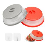 Sosayet Coperchio Microonde Pieghevole, 2 Pezzi Coperchio Antischizzi per Microonde con 2 Ganci, Cestello del Filtro con Fori per il Vapore per Frutta Verdure, Senza BAP e atossico (Grigio + Rosso)