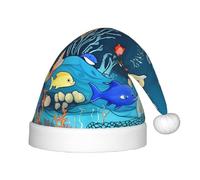 SOSNBK Cappello natalizio blu con stampa del mondo dei pesci subacquei festivi per bambini - Cappello di Babbo Natale in morbido peluche, perfetto copricapo per le vacanze per Natale