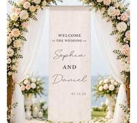 SosnSusn Benvenuto Matrimonio Personalizzato in Lino, Banner Tessuto Personalizzabile con Nomi e Data, Decorazione Ingresso Stile Rustico Boho per Cerimonia e Ricevimento (stile1)