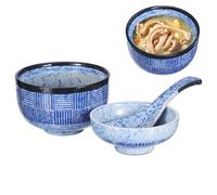 Sosoport Ciotola per Zuppa Giapponese in Ceramica con Coperchio e Cucchiaio | Stile Tradizionale Edo, Finitura Smaltata Liscia, per Ramen e Minestre, Uso Domestico e Buffet
