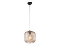 Sospensione in ferro laccato nero con cavo elettrico regolabile e diffusore in vetro soffiato ambra con decoro rigatura in rilievo 1 luce