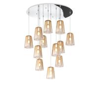 Sospensione Contemp. Rosone Tondo Shaded Metallo Cromo Vetro Ambra 12 Luci E27