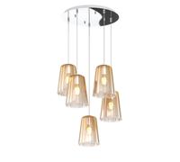 Sospensione Contemp. Rosone Tondo Shaded Metallo Cromo Vetro Ambra 5 Luci E27